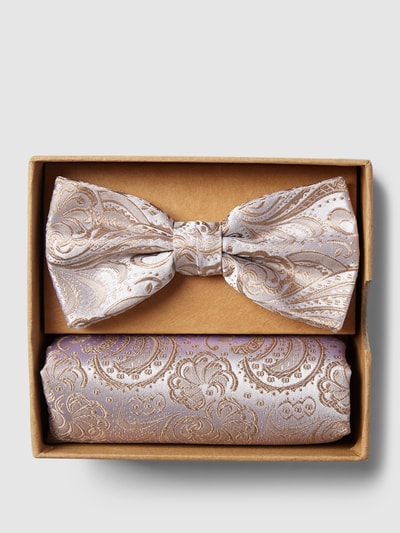 Prince Bowtie Fliege und Einstecktuch im Set mit Allover-Muster Beige 2