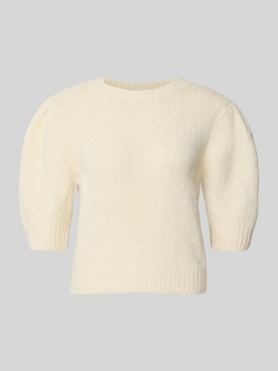 Produktfoto, kremowy sweter z dodatkiem wełny, krój regular fit, tekstura dzianiny, Regular Fit Pullover mit Woll-Anteil Modell 'NOVAH' od VERO MODA, damski sweter