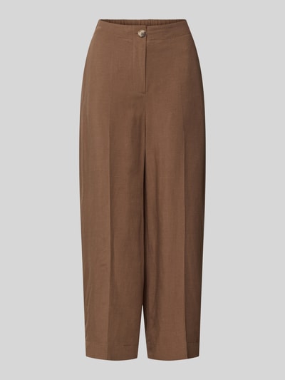 Produktfoto, Culotte mit Leinen-Anteil und elastischem Bund Modell 'Celino' von Someday im Viskose-Mix, Loose-Fit, brauner Ton, sichtbare Bügelfalten, Knopfverschluss, angedeutete Gesäßleistentaschen, blickdicht, Struktur fein, Bundweite 38 cm, Innenbeinlänge 61 cm, Produktfoto frontal.