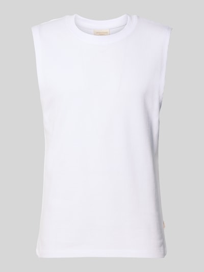 Produktfoto, weißes Tanktop mit Strukturmuster und Rundhalsausschnitt von Jack & Jones aus reiner Baumwolle im Regular-Fit, Rückenlänge 67 cm bei Größe M.