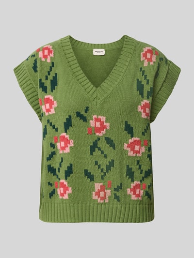Produktfoto, groene loose fit spencer van katoenmix model 'ALAMARO' van Weekend Max Mara met roze bloemenpatroon, dames pullover