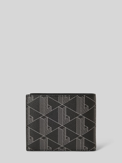 Produktfoto, Portemonnaie mit Allover-Muster Modell 'Noir Gris' von Lacoste in Schwarz mit Weiß, rechteckige Form, Kunstleder, Logo-Applikation, Logo-Design-Anhänger, Aufteilung mit Geldscheinfach, Münzfach und Kartenfächern, Materialverarbeitung: Kunstleder