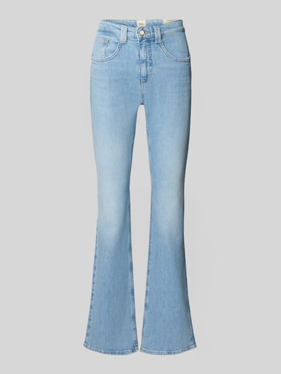 Produktfoto, hellblaue Flared Jeans mit Eingrifftaschen, Modell 'Mary' von Brax, Damen Jeans, sichtbarer Knopf- und Reißverschluss, glatte Textur