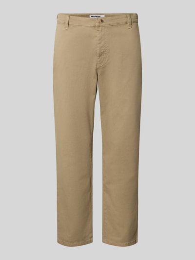 Produktfoto, Straight Fit Hose aus Baumwoll-Mix von REVIEW in Beige, glatte Oberfläche, sichtbare Eingrifftaschen und Gesäßtaschen, Herren Hose, elastischer Baumwoll-Mix, Knopf- und Reißverschluss, Bundweite 42 cm und Innenbeinlänge 69 cm bei Größe M