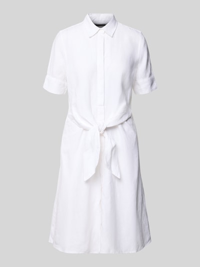 Produktfoto, weißes, knielanges, körpernahes Blusenkleid aus reinem Leinen von Polo Ralph Lauren mit Bindegürtel, Flammgarnstruktur, Spitzkragen und V-Ausschnitt