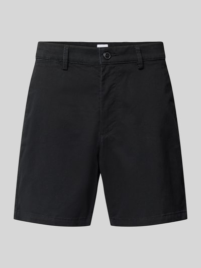Produktfoto, Shorts mit französischen Eingrifftaschen von GAP aus schwarzem Baumwoll-Mix mit Stretch-Anteil, Straight Fit, Knopf- und Reißverschluss, Bundweite 43 cm, Innenbeinlänge 18 cm bei Größe 32, glatte Oberfläche, klassische Form.