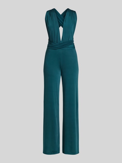 Produktfoto, Jumpsuit mit rückseitig gekreuzten Trägern von Rose Avenue in Dunkelgrün, tiefer V-Ausschnitt, Regular Fit, weich fallender Stoff