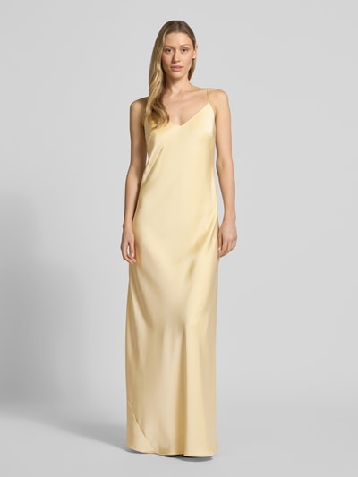 Kobieta modelka nosi 'Abendkleid aus Satin mit Spaghettiträgern' od Jake*s Cocktail, satyna, prosty krój, długa sukienka, dekolt w serek, cienkie ramiączka, długość tyłu w rozmiarze 36: 136 cm, szerokość w rozmiarze 36: 43 cm, jasny żółty, gładka powierzchnia, pełny widok z przodu