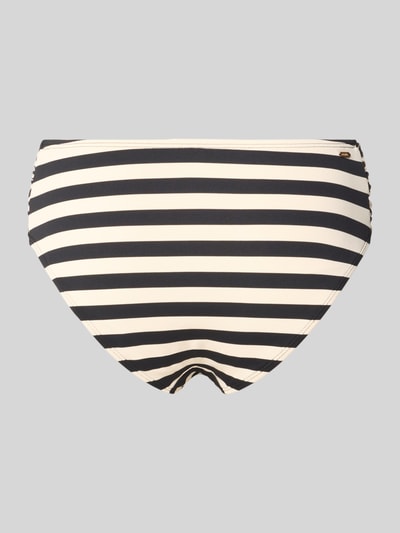 Produktfoto, Mid Waist Bikini-Slip mit Label-Detail Modell 'Yadbor' von Barts, schwarz-weiße Streifen, Material-Mix mit Stretch-Anteil, Seitliche Raffungen, Rückansicht.