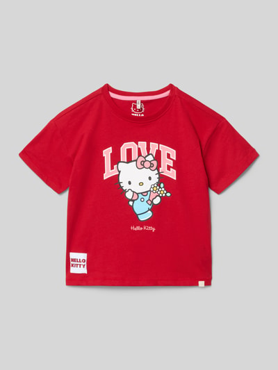 Produktfoto, Regular Fit T-Shirt aus reiner Baumwolle Modell 'KITTY' von Only, rot mit Allover-Muster, Rundhals, kurzarm, Feinripp, Label Stitching