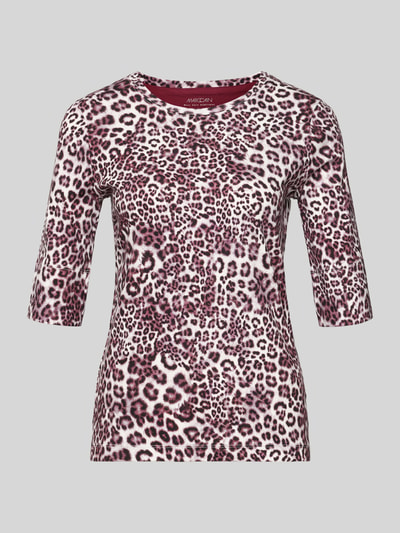 Produktfoto, Slim Fit T-Shirt mit Allover-Animal-Print von Marc Cain, damski t-shirt z mieszanki bawełny i elastanu, krój slim fit, zwierzęcy nadruk na całej powierzchni, dekolt w serek, rękaw o dł. 1/2, długość tyłu w rozmiarze 36: 58 cm