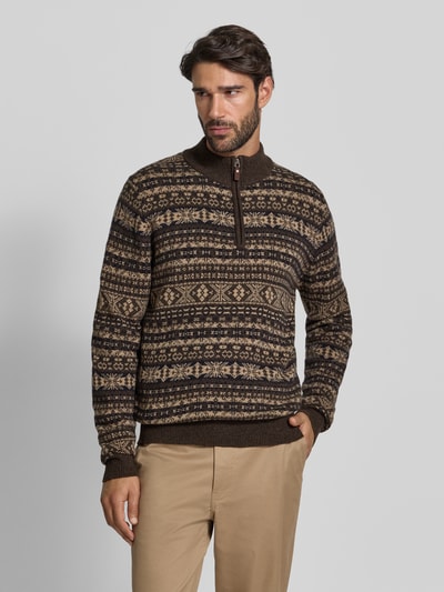 Fynch-Hatton Sweter o kroju regular fit z czystej wełny model ‘Jacquard’ Czekoladowy 4