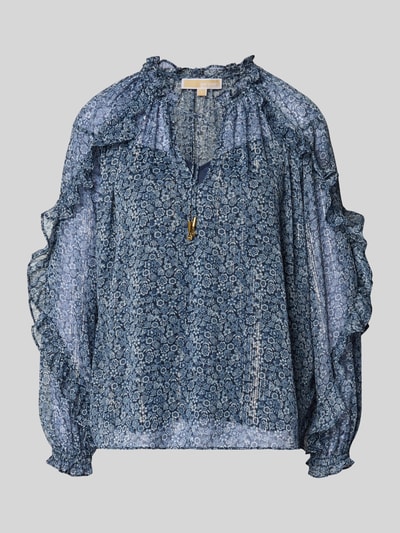 Produktfoto, Blusenshirt mit Rüschen und Serafino-Kragen van MICHAEL Michael Kors in blauw semi-transparant design, recht model, met onderhemd, sierlijke vetersluiting, ruches en elastische mouwboord, ruglengte maat S 60 cm, mouwlengte maat S 60 cm