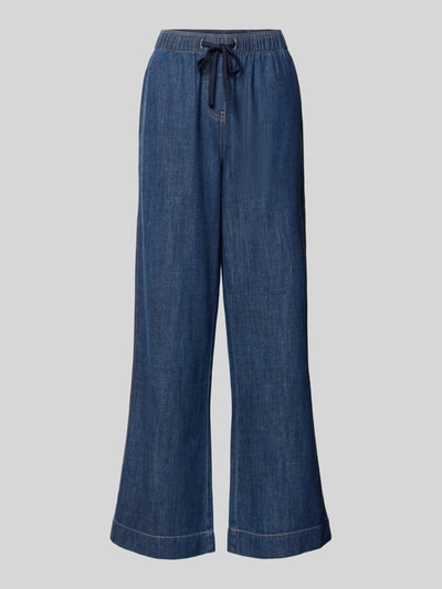Produktfoto, Wide Leg Jeans aus reiner Baumwolle von Juvia in Dunkelblau mit elastischem Bund, Tunnelzug und Eingrifftaschen auf hellem Hintergrund
