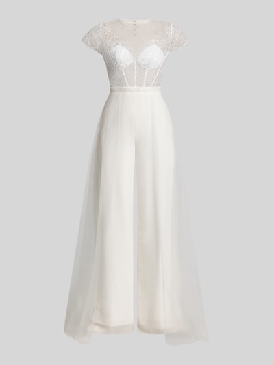 Frauenmodel trägt Jumpsuit mit Perlen und rückseitigem Cut-Out von Unique, weiß, Semitransparent, Regular-Fit, Ganzkörperansicht von vorne, Kontext: Damen Jumpsuit von Unique, Regular-Fit, Semitransparent, rückseitiges Cut-Out, Perlen, Hakenverschluss, Rückenlänge bei Größe 36: 40 cm, Brustweite bei Größe 36: 38 cm, Ärmellänge bei Größe 36: 17 cm, Gesamtlänge bei Größe 36: 162 cm, Innenbeinlänge bei Größe 36: 86 cm.