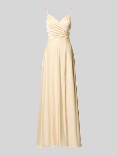 Produktfoto, Maxikleid aus Satin mit Drapierungen von Laona in Creme, A-Linie, V-Ausschnitt, Spaghettiträger, glatte Satintextur