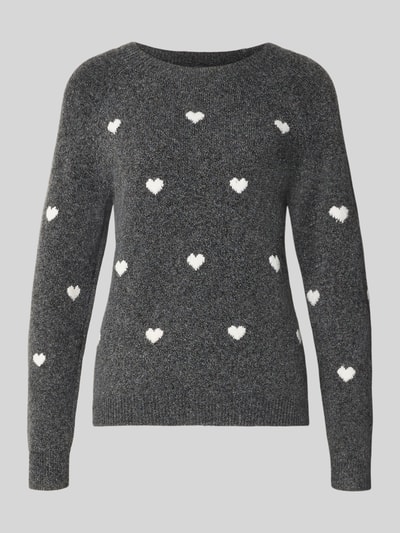 Produktfoto, dunkelgrauer Strickpullover mit weißen Herzmustern, strukturierte Oberfläche, Regular Fit Pullover mit Rundhalsausschnitt Modell 'DOFFY' von VERO MODA, Damen Pullover