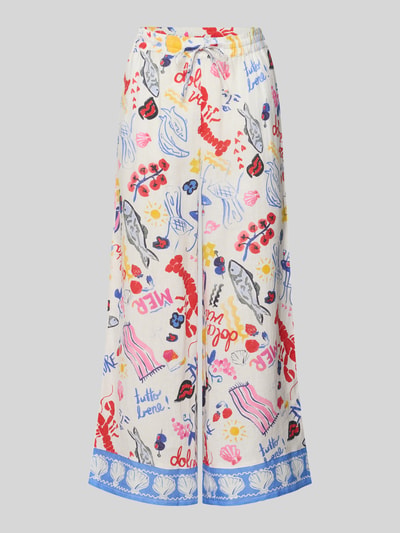 Produktfoto, Wide Fit Leinenhose mit Allover-Motiv-Print von Christian Berg Woman in Weiß mit bunten, abstrakten Motiven, reine Leinenstruktur, elastischer Bund mit Tunnelzug, ideal für Damen