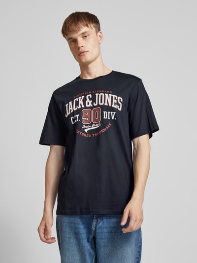 Jack & Jones T-shirt met labelprint, model 'ELOGO' Marineblauw - 4