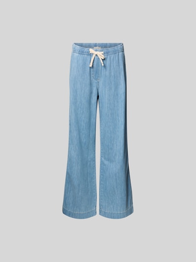 Produktfoto, Wide Leg Stoffhose in Denim-Optik von Juvia, Reine Baumwolle, Loose Fit, elastischer Bund mit Tunnelzug, hellblaue Farbe, glatte Textur