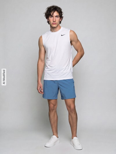 Männermodel trägt Regular Fit T-Shirt mit Logo-Print von Nike in Weiß zu blauer Shorts, Herren Sport-T-Shirt von Nike Training, Ganzkörperansicht von vorne, KI-modifiziertes Bild.