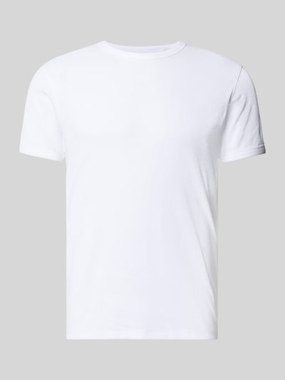 Produktfoto, Regular Fit T-Shirt aus Baumwoll-Mix von JACK & JONES, biały, jednokolorowy, okrągły dekolt, krój regular fit, mieszanka bawełny, krótkie rękawy, długość tyłu w rozmiarze M: 67 cm