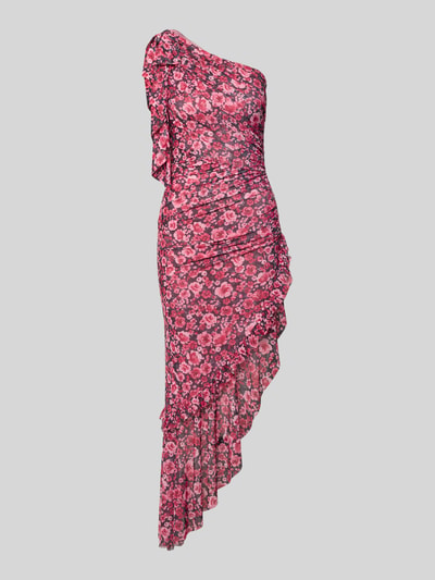 Produktfoto, Cocktailkleid in asymmetrischem Look von Lipsy, figurbetontes Midikleid mit Blütenmuster, Raffungen, Volants, rosa Töne, Material-Mix mit Stretch-Anteil, Allover-Look, florale Textur