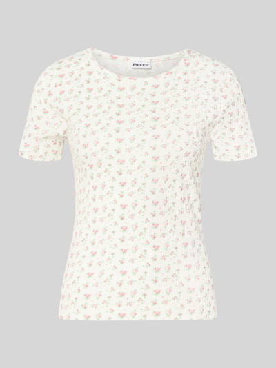 Produktfoto, Slim Fit T-Shirt aus reiner Baumwolle Modell 'TURIEL' von Pieces, Optik:Allover-Muster, Rundhals, Rüschen, Kurzarm, Ripp-Struktur