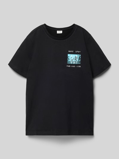 Productfoto, Regular Fit T-Shirt aus reiner Baumwolle van s.Oliver RED LABEL in effen zwart met ronde hals en korte mouw van jerseykatoen, motiefprint links boven