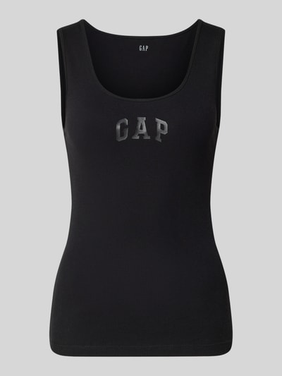 Produktfoto, schwarzfarbenes Slim Fit Top mit Logo-Print von GAP aus elastischem Baumwoll-Mix, Rundhalsausschnitt, Rückenlänge 58 cm in Größe S
