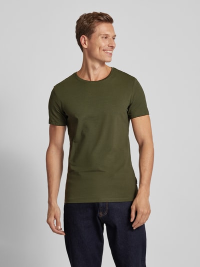 Casual Friday T-shirt met geribde ronde hals Kaki - 4