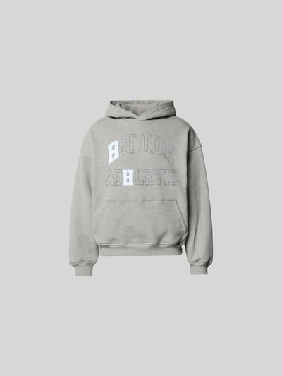 Produktfoto, Oversized Hoodie mit Logo-Print von RHUDE, grauer Baumwoll-Mix, Känguru-Tasche, elastische Abschlüsse, Oversized-Fit.