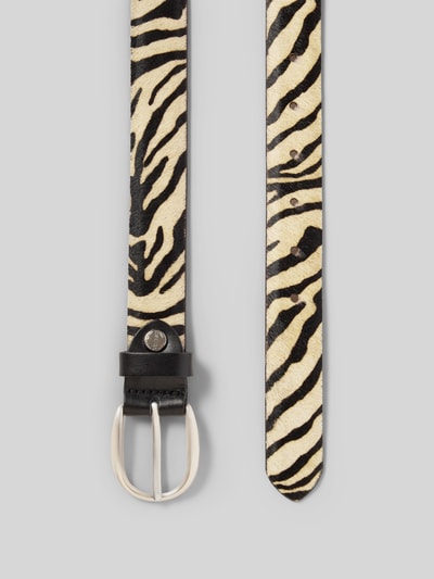 Produktfoto, Fellgürtel aus Leder mit Dornschließe und Label-Detail von Vanzetti, schwarz-weißes Zebradesign, strukturierte Oberfläche, 3 cm breit
