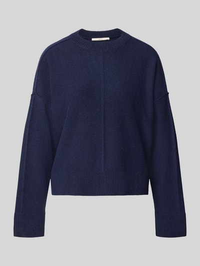 Produktfoto, Wollpullover aus Schurwoll-Baumwoll-Mix von Lanius in Dunkelblau, lockere Passform, Ziernaht vorn, gerippte Abschlüsse