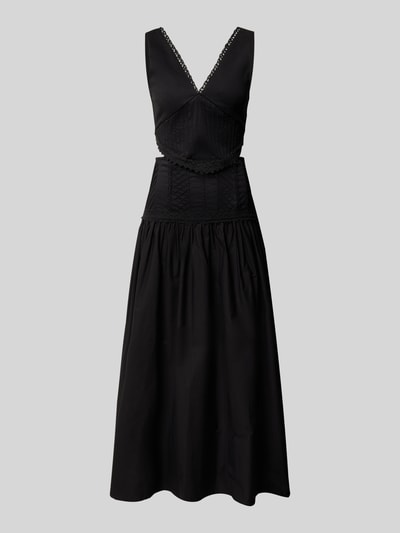 Produktfoto, Maxikleid mit rückseitigem Cut Out Modell 'ALINA' von Topshop in Schwarz, Baumwoll-Mix, V-Ausschnitt, Häkelspitze, taillierter Schnitt, elastischer Einsatz, strukturierte Texturen, schlichte Form, mittlere Länge