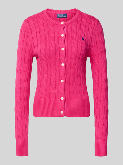 Produktfoto, Slim Fit Strickjacke mit Logo-Stitching von Polo Ralph Lauren in Pink, reine Baumwolle, Rundhalsausschnitt, Knopfleiste, elastische Abschlüsse