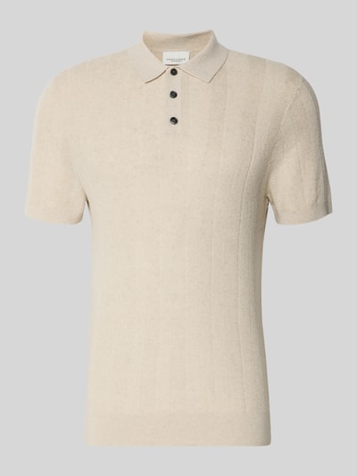 Produktfoto, Slim Fit Poloshirt mit Knopfleiste von Profuomo in Beige, Baumwoll-Leinen-Mix mit Strukturmuster, klassische Kurzarmform.