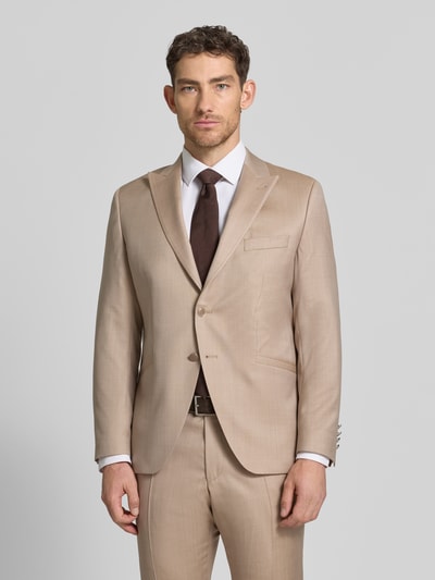 Männermodel trägt Slim Fit 2-Knopf-Sakko aus Reine Schurwolle von Wilvorst in Beige mit Reverskragen und Eingrifftaschen, Ganzkörperansicht von vorne. Rückenlänge 73 cm, Schulterbreite 45 cm, Ärmellänge 65 cm bei Größe 50.