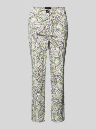 Productfoto, Hose im Allover-Look van Marc Cain, damesbroek in slim fit van katoenmix met viscose, knoop- en ritssluiting, all-over print, wit met groene en paarse patronen