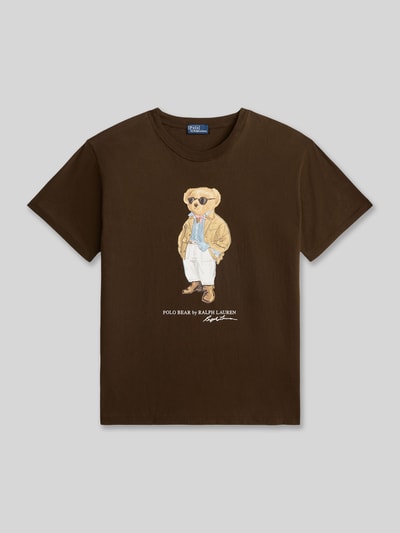 Produktfoto, braunes Regular Fit T-Shirt aus reiner Baumwolle von Polo Ralph Lauren mit Motiv-Print und Label-Schriftzug, unifarben