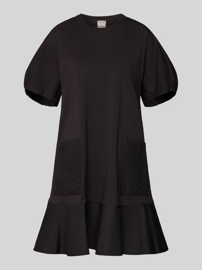 Produktfoto, Knielanges Tunikakleid mit Puffärmeln Modell 'ONORE' von MM by Max Mara, Schwarz, A-Linie, Baumwoll-Mix mit Stretch-Anteil, Rundhalsausschnitt, große Taschen und Rüschen am Saum, glatte und strukturierte Stofftextur, für Damen