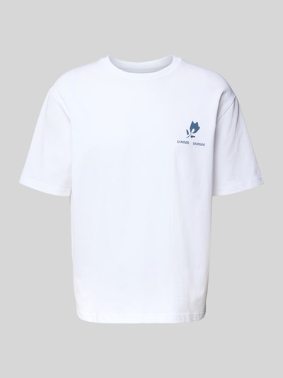 Produktfoto, białe T-Shirt mit Label-Print Modell 'COHEN' von Samsøe Samsøe z czystej bawełny organicznej, krój relaxed fit, okrągły dekolt, długość tyłu w rozmiarze M: 71 cm