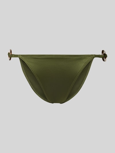Produktfoto, unifarbener olivgrüner Bikini-Slip mit Zierelementen, Material-Mix mit Stretch, Modell 'GUARANA' von DORINA, glatte Textur