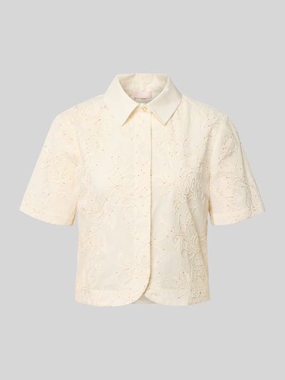Produktfoto, Regular Fit Bluse mit Stitchings und Pailletten von Liu Jo White z bawełny, krój regular fit, hafty, cekiny, kołnierzyk koszulowy, ukryta listwa guzikowa, długość tyłu w rozmiarze 36: 48 cm, długość rękawów w rozmiarze 36: 23 cm