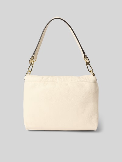 Produktfoto, cremefarbene Handtasche mit Logo-Detail Modell 'Temi' von Abro, Strukturmuster, Überschlag, abnehmbarer Schulterriemen