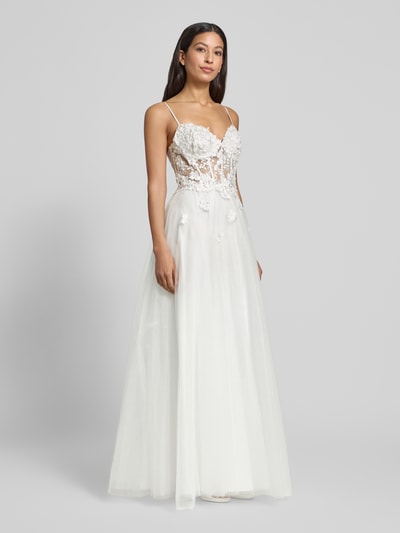 Luxuar Abendkleid mit Perlen und Spaghettiträgern Offwhite 1