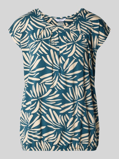 Produktfoto, Regular Fit Bluse aus Viskose-Mix Modell 'Minou' von ZABAIONE mit floralem Allover-Print in Blau und Beige, Kurzarm, Rundhalsausschnitt, elastischer Bund.