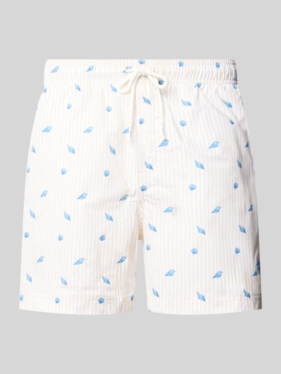 Produktfoto, Badehose im Allover-Look Modell 'MAUI BREEZE' von Jack & Jones für Herren, Regular-Fit, mit elastischem Bund und Kordelzug, weiß mit blauen Mustern, feine Streifen, glatte Textur