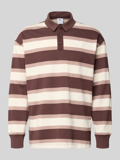 Produktfoto, Regular Fit Poloshirt mit elastischen Ärmelabschlüssen von PUMA PERFORMANCE, Herren Poloshirt aus Reine Baumwolle, Langärmelig, Polokragen, braun-beige gestreift, glatte Textur