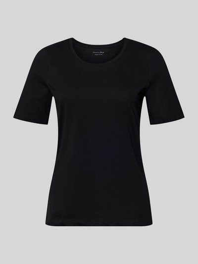 Produktfoto, schwarzes T-Shirt mit Rundhalsausschnitt von Christian Berg Woman aus reiner Baumwolle im Regular Fit, glatte Textur.